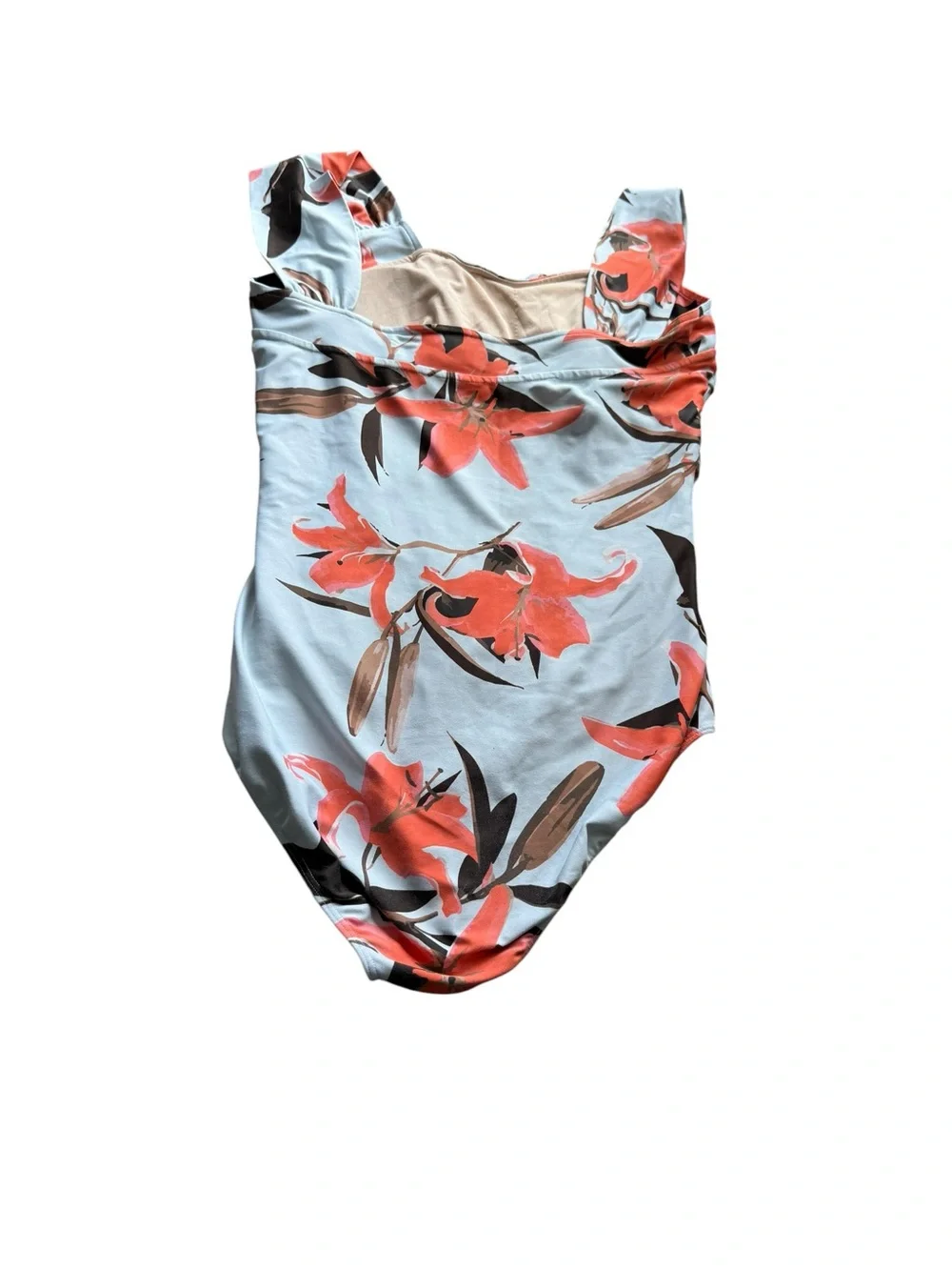 Albion Floral Off-Shoulder One-Piece Swimsuit in Light Blue and Orange